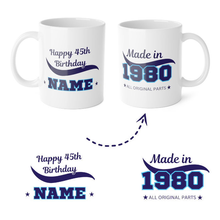 Personalised Mug Birthday Mug Custom Text Mug Gift Made in 1980
